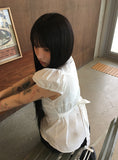 Sandy Summer Ribbon Strap Pintuck Puff Short Sleeve Blouse