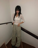 Chugi Button See-through Three Quarter Sleeve T-Shirt