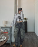 Copper Rivet Pin Tuck Cargo Denim Pants