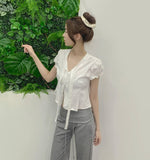 Petite Tie Puff Sleeve Crop Short Sleeve Blouse