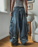 Folding Pocket Curved Damage Denim Pants