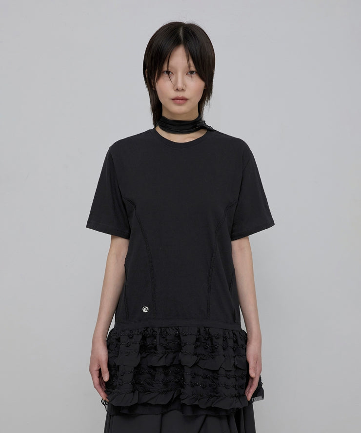 FLAREUP 韓国 アシンメトリードレープロールアップ Tシャツ アシンメトリードレープロールアップTシャツ (FL-165_Black