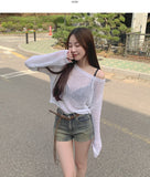 Loose-Fit Boat Neck Mesh Long Sleeve Knit