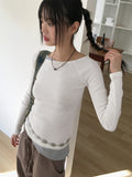 Chiss shirring layered diagonal off-shoulder long sleeve T-shirt