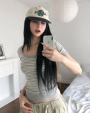 Tiny Stripe U-neck Elbow Length T-shirt