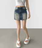 Hip-up Vintage Back Pocket Point Washing H-line Denim Skirt