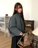 [Belt SET] Risha No Collar Strap Button Cotton Quilted Bomber Jacket