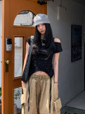 Star shirring strap two-way boat neck short sleeve