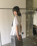 Etched puff ribbon pin tuck blouse