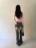 Luer Balletcore Ribbon Color Matching Heart Neck Long Sleeved T-Shirt