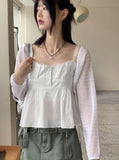 Blena Heart Strap Button Lace Cropped Sleeveless Blouse