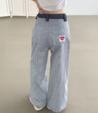 Stripe Heart Embroidery Patch Avant Wide Fit Pants