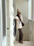 Length cable V-neck loose fit long long sleeve knit
