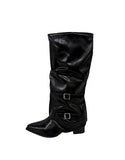 Double Buckle Shirred Stiletto Long Boots