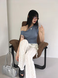 chibbon punching see-through shirring skirt bootcut pants