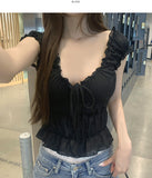 Feminine Sexy Ribbon Shirring Smoked Banding Sleeveless Blouse