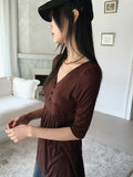 Pamil Vintage V-Neck Button Pleated Half-Length Short-Sleeved T-Shirt