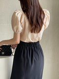 Missing Heart Neck Puff Span T-Blouse