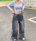 Stripe Folding Hem Snap Wide Denim Pants