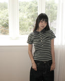 Dem Stripe Shirring PK Collar Short Sleeve T-Shirt