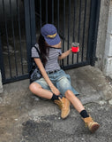 Side pin tuck washed bermuda denim pants