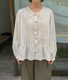 Derine Ribbon Shirring Long Sleeve Blouse