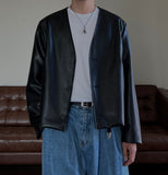 Collarless Crop Leather Jacket