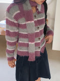 [Muffler Set] Jes Fur Stripe Color Matching Collar Knit Long Sleeve Cardigan