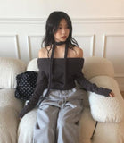 Rucol ribbed shirring off-shoulder knit muffler choker set