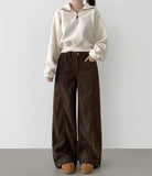Hem Snap Corduroy Diagonal Cut Long Wide Banding Pants