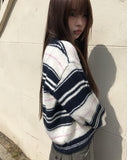 Nobin Stripe Color Matching Collar Long Sleeve Knit