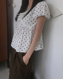 Newon Dot Lace Ribbon Short Sleeve Blouse