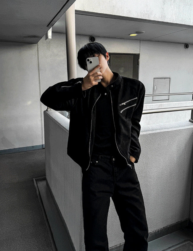 【COSYHARU】Double Zipper Tweed Suede Biker Jacket Crop ver COSYHARU (コシハル) - ザツビーダブルジッパーツイードスエード