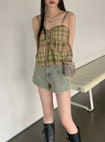 Rifen Check Cap Shirring Ribbon Flare Strap Sleeveless