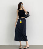 Summer Cooling Non-Fade Back Slit Loose H-Line Long Denim Skirt