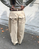 Cookie Stripe Cut Balloon Fit Wide Cotton Long Pants