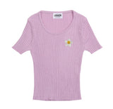 Flower Dot Embroidery Crop Short Sleeve Knit