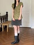 Blon V-Neck Shirring Pleated Puff Short Sleeve Blouse