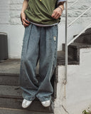 Folding pocket curved damage denim pants