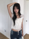 Neron Shirring Frill Ribbon Puff See-through Short Sleeve Blouse