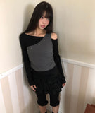 [Fake Layered] Linshu Studded Color Matching Brushed Long-Sleeve T-Shirt