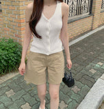 Knit Button Ribbed V-neck Sleeveless