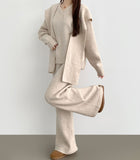 Shawl V-Neck Knit Long Wide Banding Pants Three Piece Wool Two Piece Set