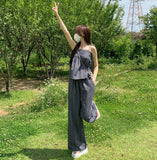 Striped flare string sleeveless wide banding pants two-piece