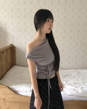 Hikin Unbalanced Off-shoulder Drape Shirring Strap Sleeveless