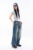 Deep side fold balloon denim pants