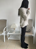 Soco Knitwear Color Matching Angora Fur Button Hood Cardigan