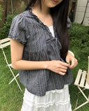 Hichu Stripe Frill Lace Ribbon Short Sleeve Blouse