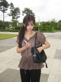 Rimae See-Through Frill Shirring Ribbon Short Sleeve Blouse
