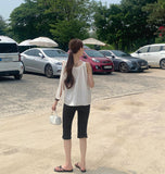 Back Pocket Capri Three Quarter Span Slit Cotton Pants